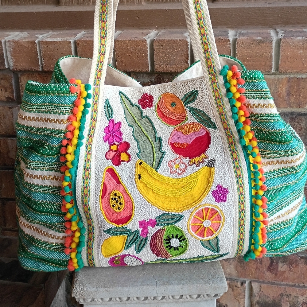America & Beyond Beaded Tropical Fruit Floral Woven Cotton Travel Beach Bag